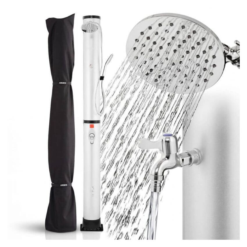 Ducha solar 40L con termómetro y ducha de mano plateada